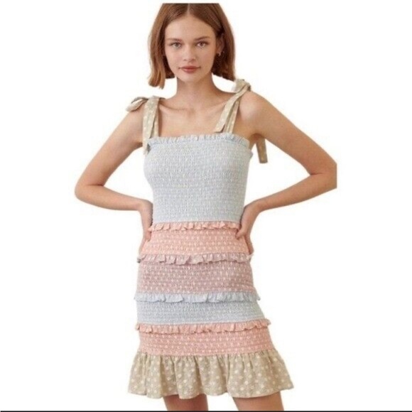 Storia Ruby and Jenna Smocked Pastel Multicolor Polka Dot Dress Size M - Picture 1 of 5
